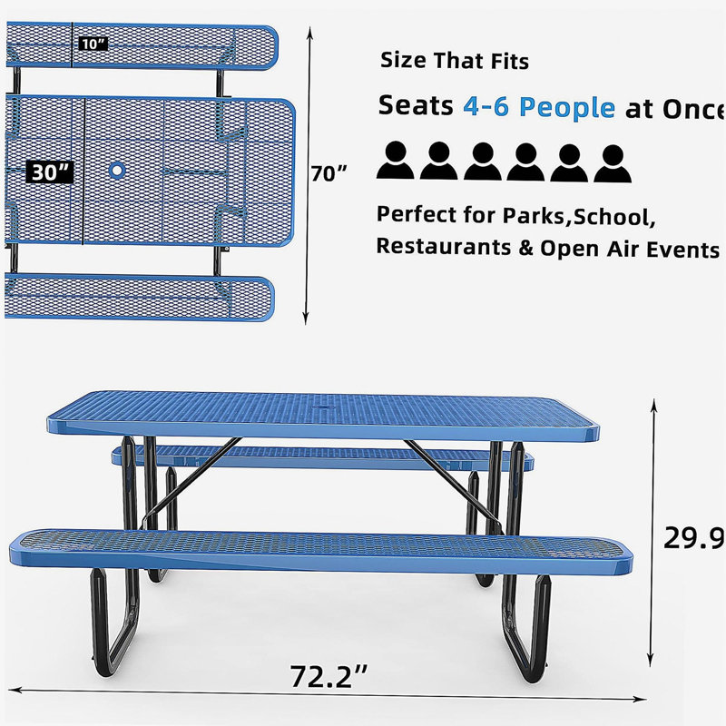 72" Expanded Metal Rectangular Picnic Table, Blue With Umbrella Hole
