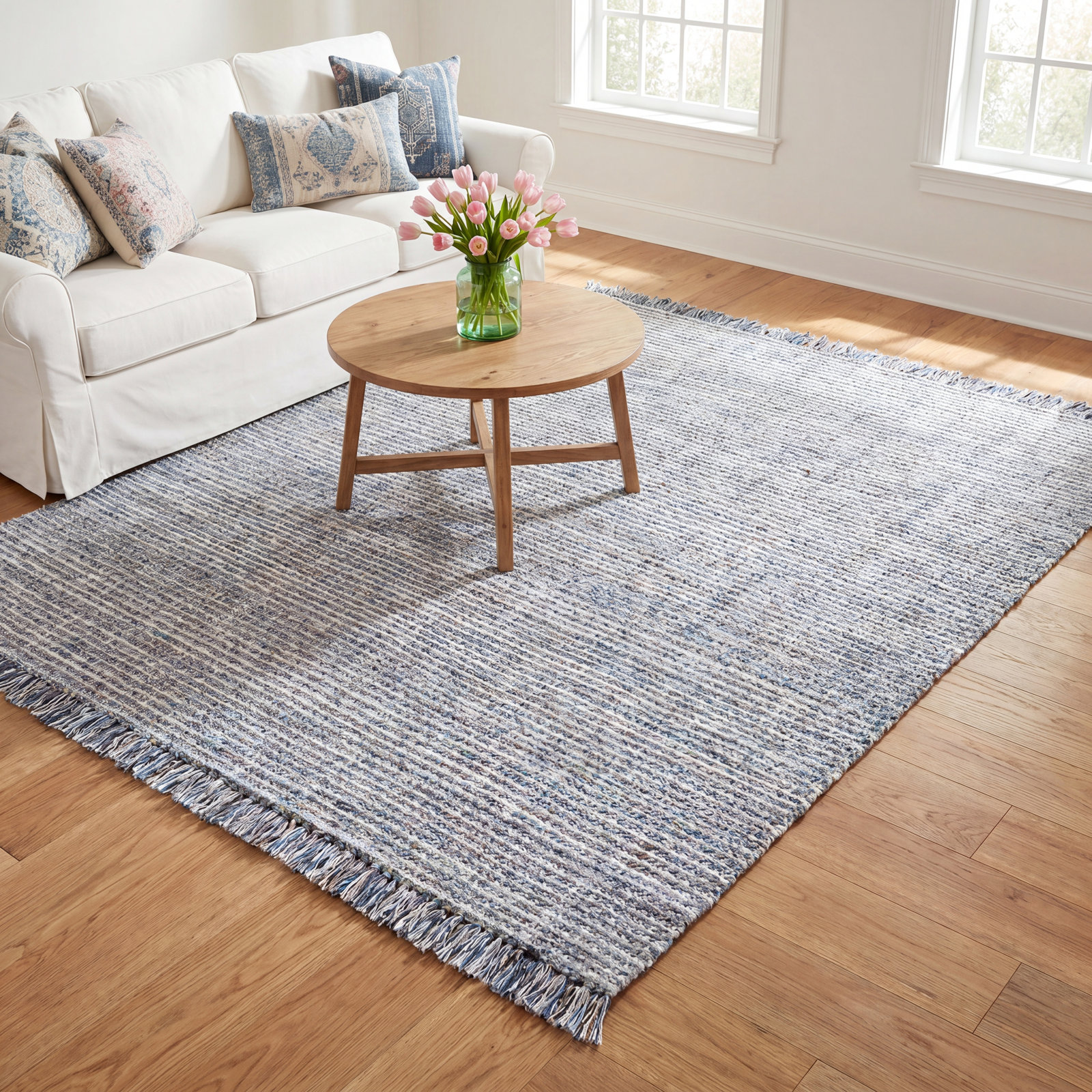 Viewcrest Hand-Woven Slate Blue Striped Rug, Rectangle 5' x 7'6"