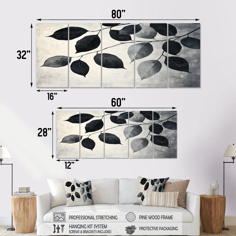 «Black Leaves Shadow» par Silhoutte IV - feuilles, art mural - décoration murale traditionnelle, H 32 po x l 80 po, 5