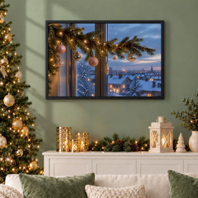 " Lit Pine Branch With Ornaments And Snowy City Christmas " Painting