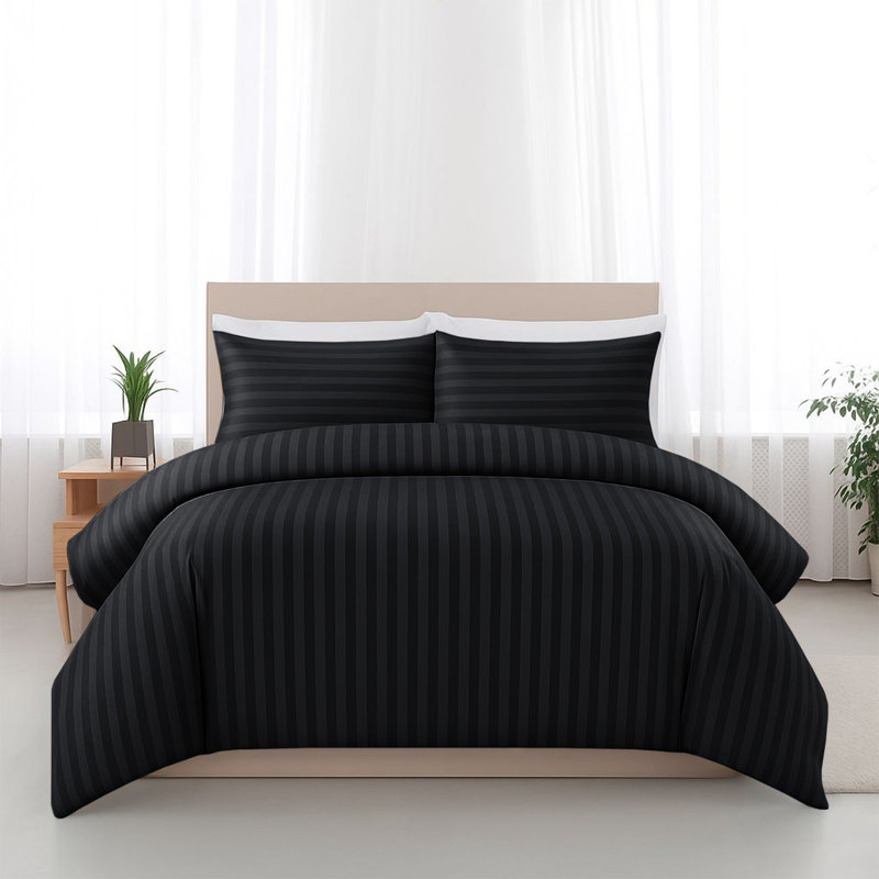 100% Microfiber Premium Quality Striped Duvet Cover Set with Pillowcases , Black