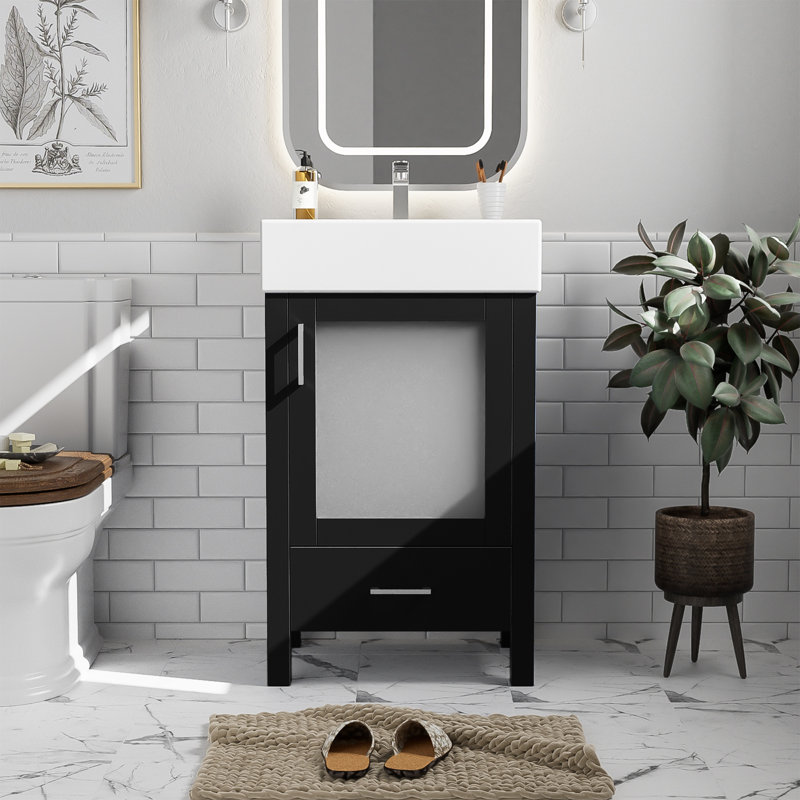 [Meuble-lavabo en céramique de 20 po] Rangement spacieux | Conception compacte de petite salle de bain | Structure en bois moderne et surface facile à nettoyer