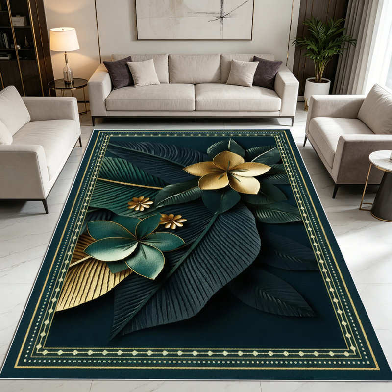 1PC Tropical Dark Leaf Gold Floral Print area rugs for Living Room, Soft, All seasons, Easy-maintain, Washable Indoor mat, Farmhouse suitable for dining table, bedroom, entryway, patio, kitchen, home hallway, Home Decor, Outdoor Decor.