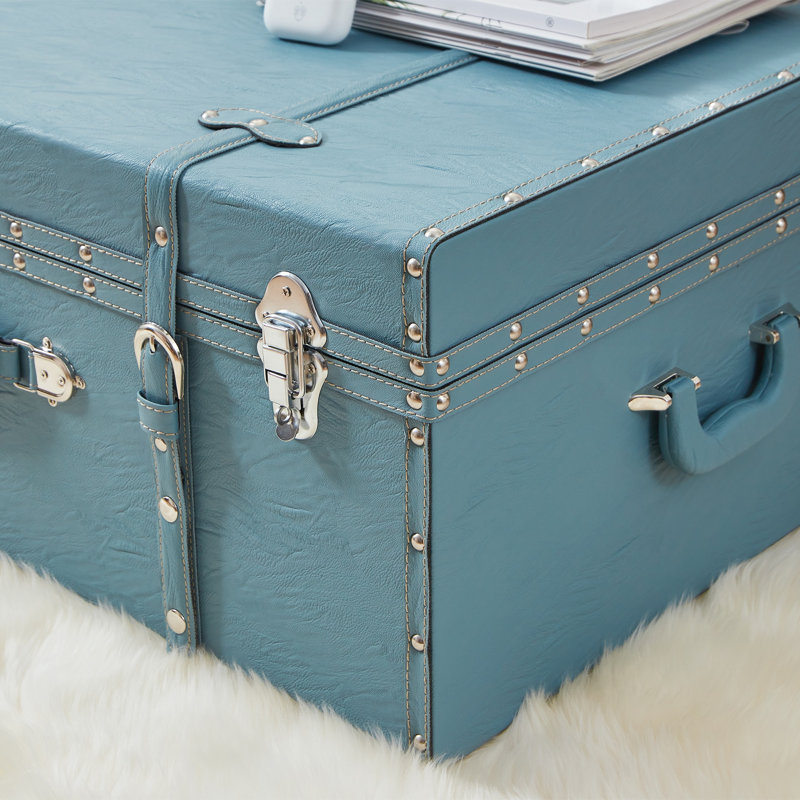 Coffre à pieds texturé avec rangement, Bleu fumée patiné