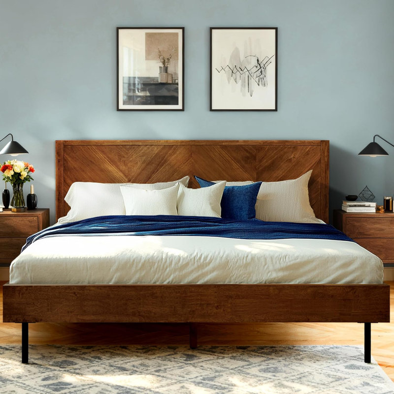  Structure de lit en bois massif avec tête de lit, lit plateforme d'une capacité de 800 lb, compatible avec tous les types de matelas, signature scandinave, aucun sommier tapissier requis