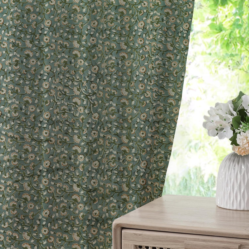 Fabdivine Light Green and Brown Handmade Floral Curtain Bohemian Soft Linen, 27x24 Inches, Block Print, Two-Side Panels with Pleated Pinch Design for Room Darkening, Blackout Patio, Himachal