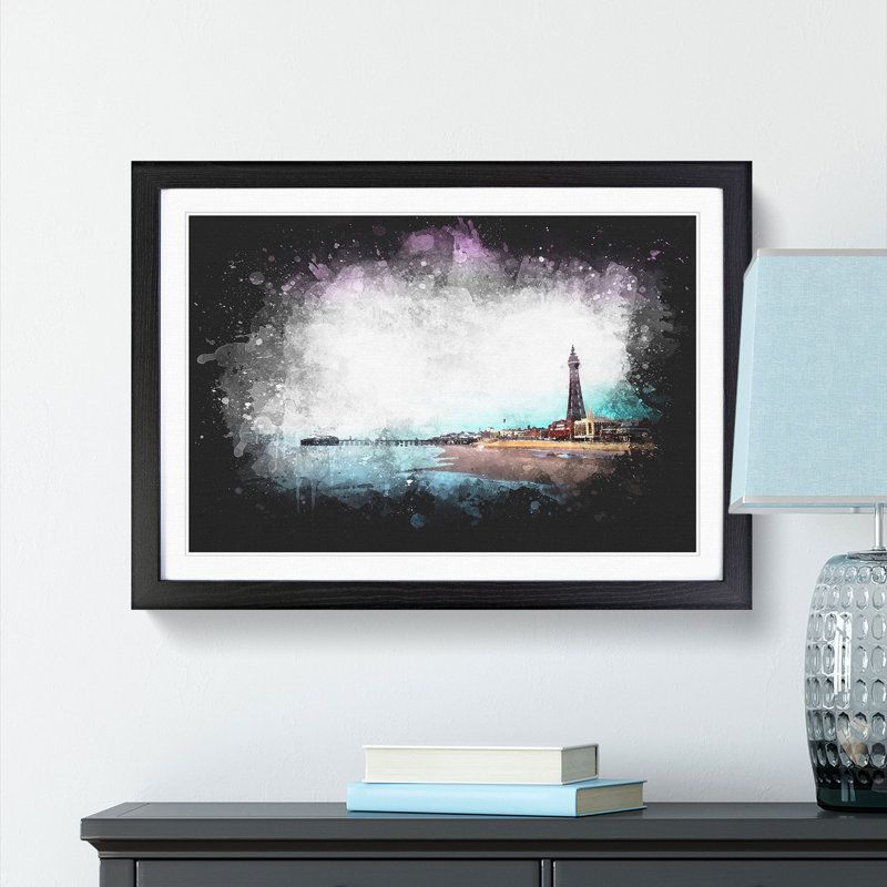 Blackpool Tower and Beach - Picture Frame Painting Print, 45cm H x 63cm W x 2cm D, Black Framed