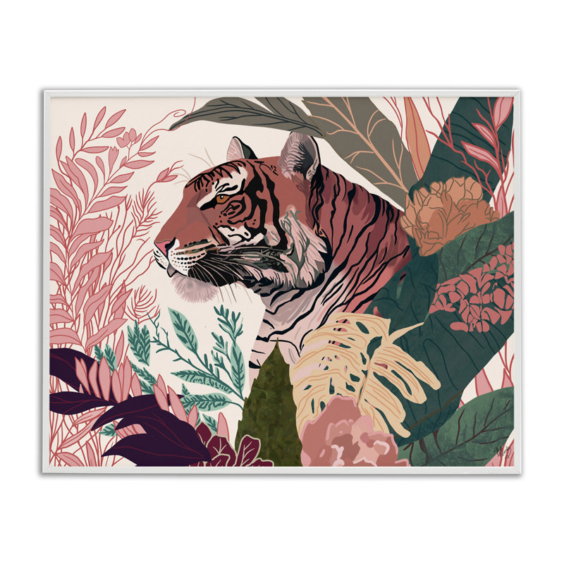 «Tiger Peeking from Leaves», estampe numérique par Fab Funky, H 11 po x l 14 po, Blanc