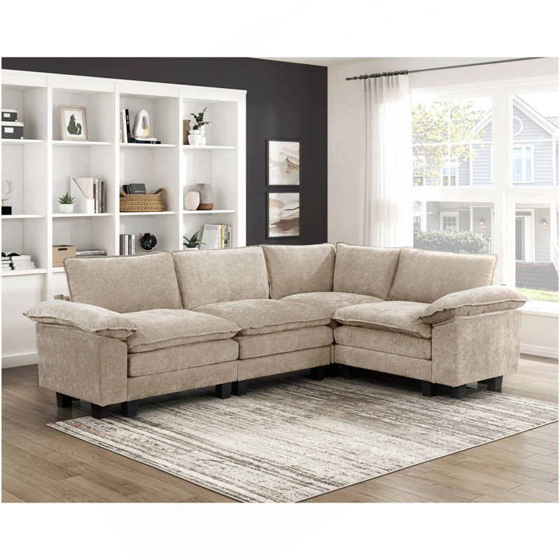 Moderne contemporain 4 pièces modulaire moelleux confort moelleux en chenille taupe, mobilier de salon en contreplaqué durable