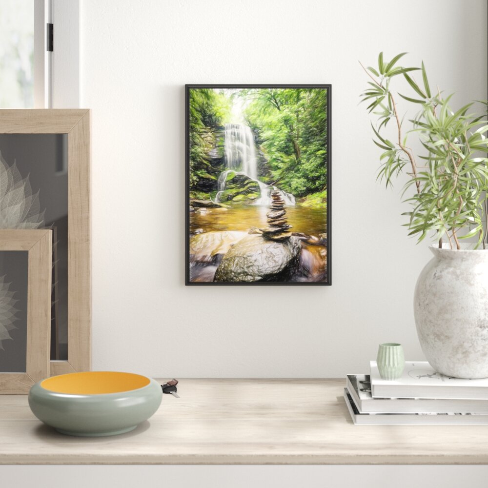 Gerahmtes Wandbild Zen Steine vor Wasserfall