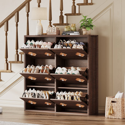 Armoire de rangement à chaussures décorative avec 6 tiroirs rabattables, motif de fleurs élégantes et poignées en diamant, organisateur de chaussures en bois mince pour les petits espaces, armoire de hall d'entrée autoportante