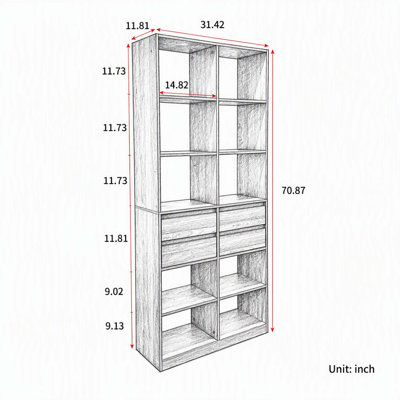 Tall Freestanding Open Cubby Display Shelving Unit with 4 Storage Drawers, Modern Storage Book Cabinet for Living Room, Bedroom & Office