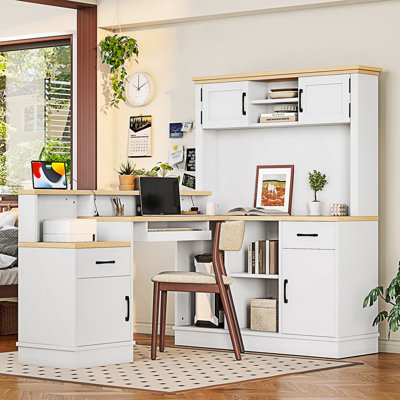 Bureau d'ordinateur en L avec prise de courant, bureau d'angle moderne, bureau d'écriture avec rangement