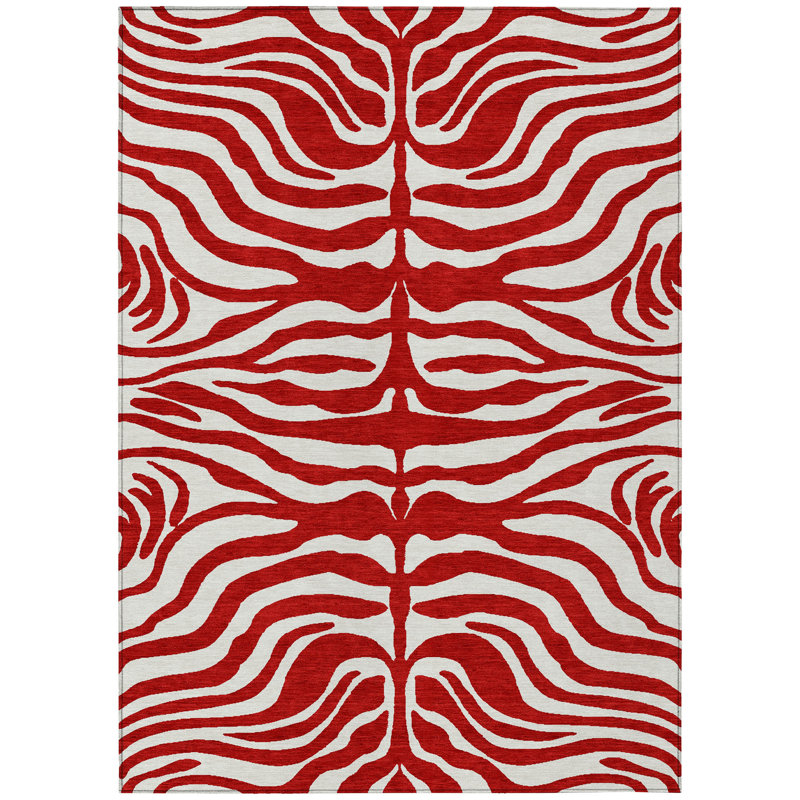 Red and White Zebra Pattern Washable Synthetic Area Rug