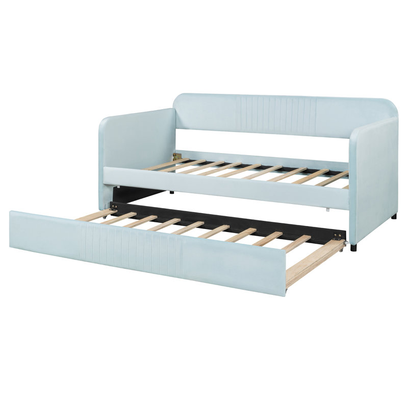 Upholstered Daybed Sofa Bed With Trundle Bed, Light Blue