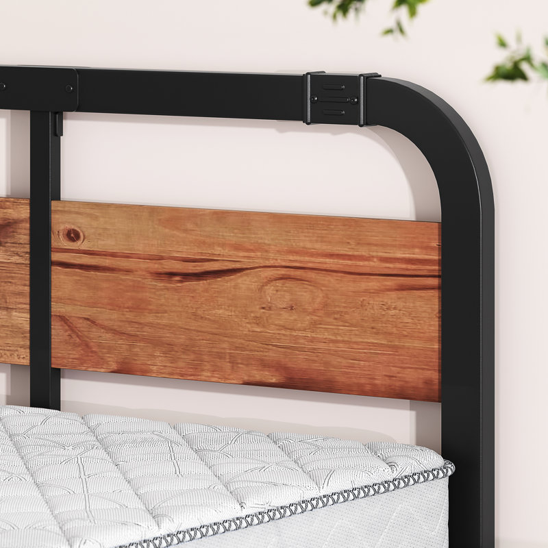 King Size Black Metal Platform Bed with 40-Inch Dark Solid Wood Headboard, Underbed Storage, Noise-Free Support, No Box Spring Needed
