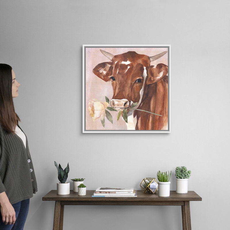 Peony Cow I, art mural sur toile, H 26 po x l 26 po x P 2 po, Toile avec cadre blanc