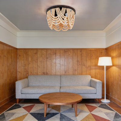 Bohemian Flush Mount Ceiling Light Fixture With Engraved Metal And Wood Beads, 3-Light Farmhouse Chandelier For Living Room, Entryway, Hallway, Or Nursery