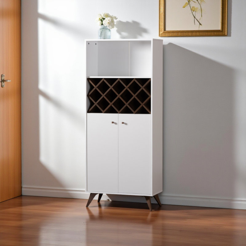 Reedley Mid-Century Modern Bar Cabinet in White with Bottle Rack, 65.99" H X 27.80" W X 13.24"D, White