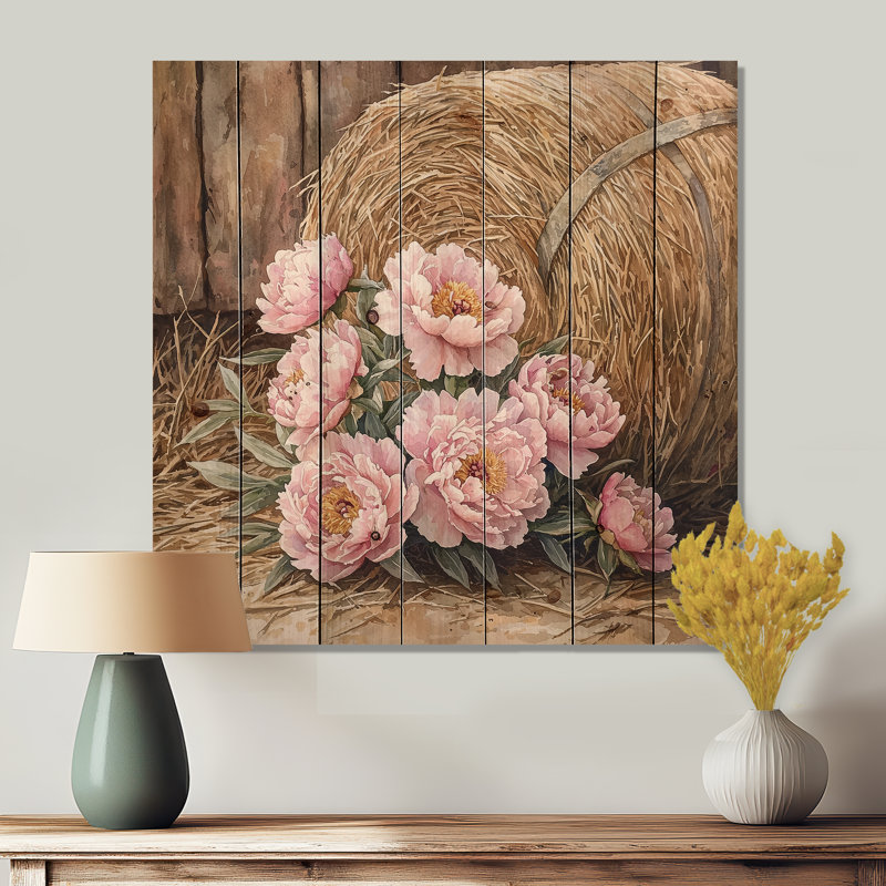 Peonies By The Straw Bale Stack - Peonies Wood Print - On Natural Pine Wood, 15" H x 15" W x 0.78" D