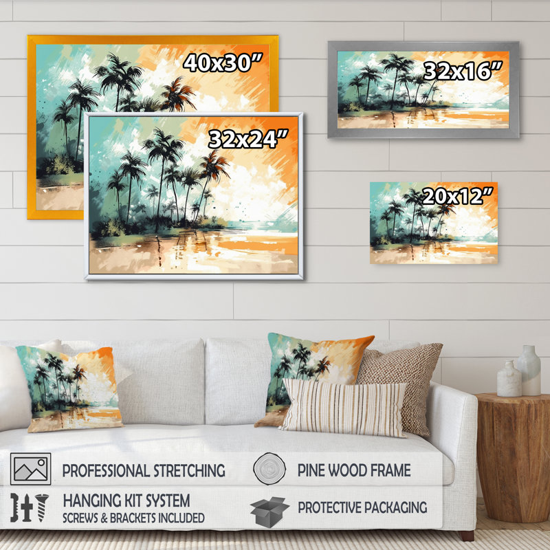 «Vibrant Palm Trees II - Modern Landscape Beach», art mural sur toile, H 12 po x l 20 po x P 1 po