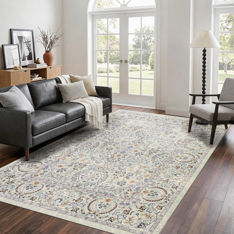 9x12 Washable Area Rug, Vintage Boho Floral Low-Pile Rug, Stain Resistant Soft Non-Slip Carpet for Living Room, Bedroom, Dining Room, Kids Nursery, Light Green