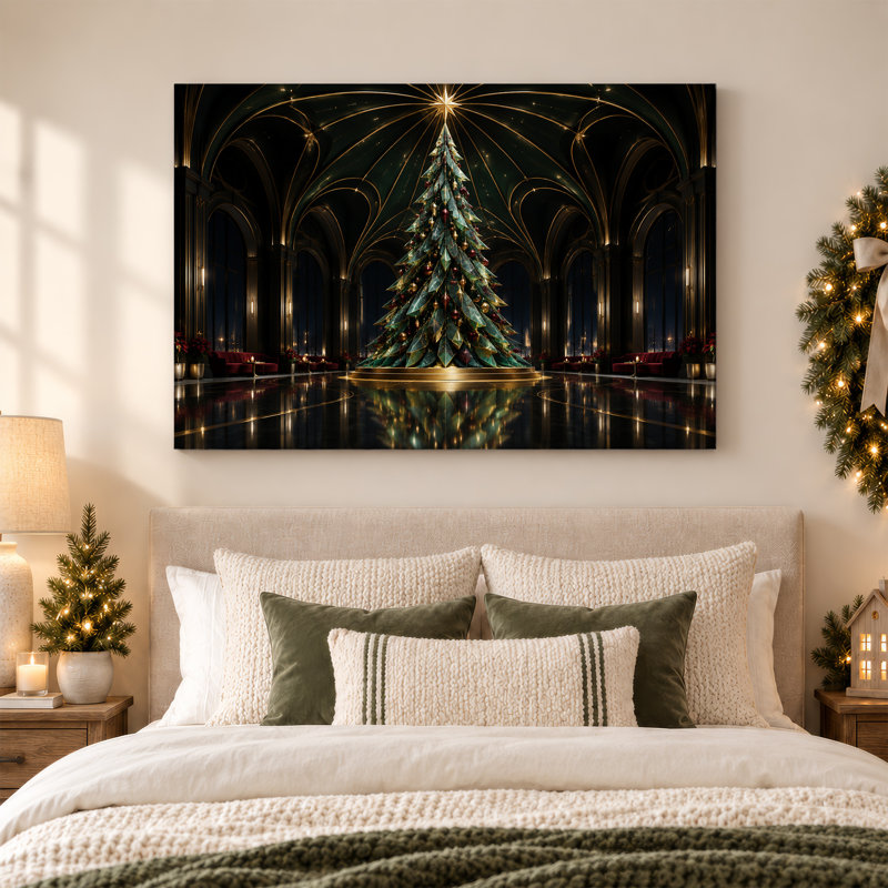Arbre vert avec étoile dorée dans le couloir de la cathédrale, art mural de Noël, H 24 po x l 36 po