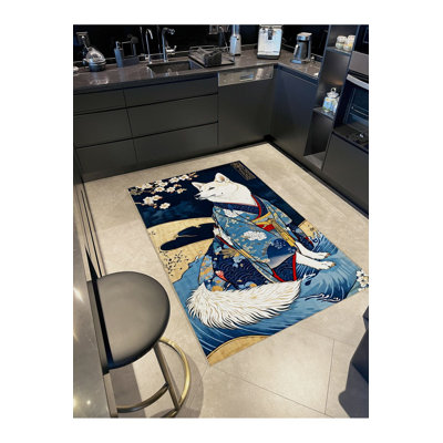 Abstract Themed Kimono Wearing Akita Dog Patterned Woven Base Modern Decorative Washable Rug