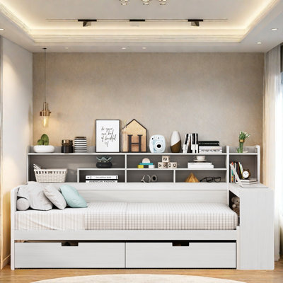 Multifunctional Wooden Daybed With Storage Shelves, Study Desk And 2 Drawers
