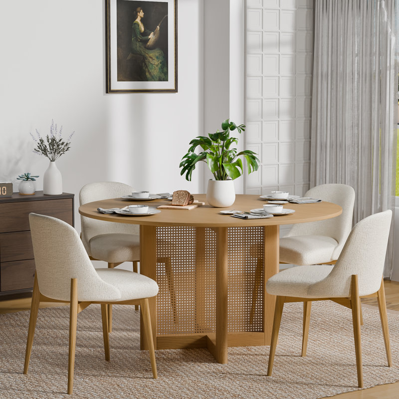 Round Wood Dining Table Chair Set, Natural, 30" H x 52" L x 52" W
