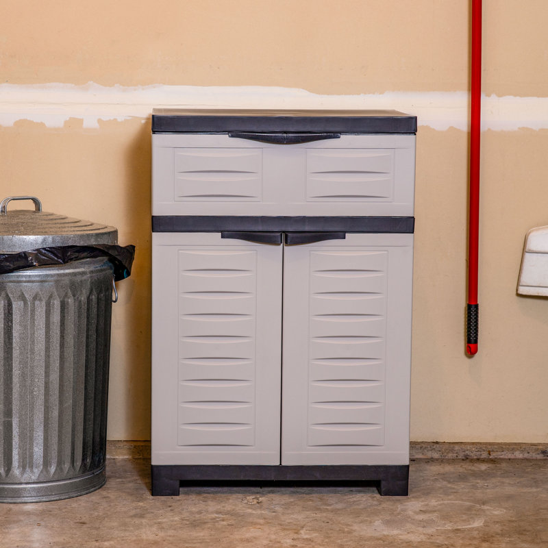 Storage Cabinet with Adjustable Shelf and Top Drawer, Gray/Charcoal Trim