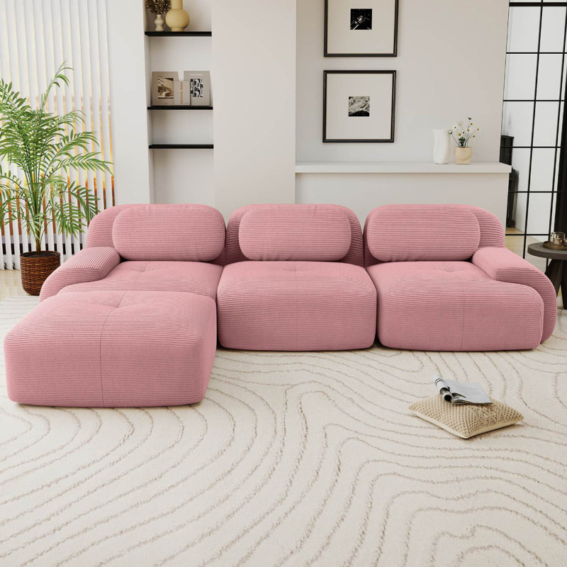 Canapé modulaire en forme de L Boneless en velours côtelé avec repose-pieds, Velours côtelé rose