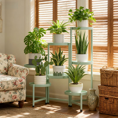Support à fleurs à 7 niveaux pour l'intérieur et l'extérieur, support à fleurs robuste en métal avec larges plateaux ronds, tablette pliante réglable pour plantes multiples en pot