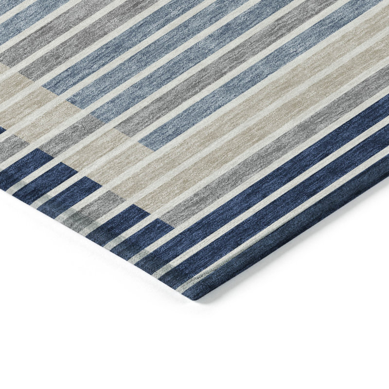 3' X 5' Navy Blue And Denim Blue Striped Washable Indoor Outdoor Area Rug