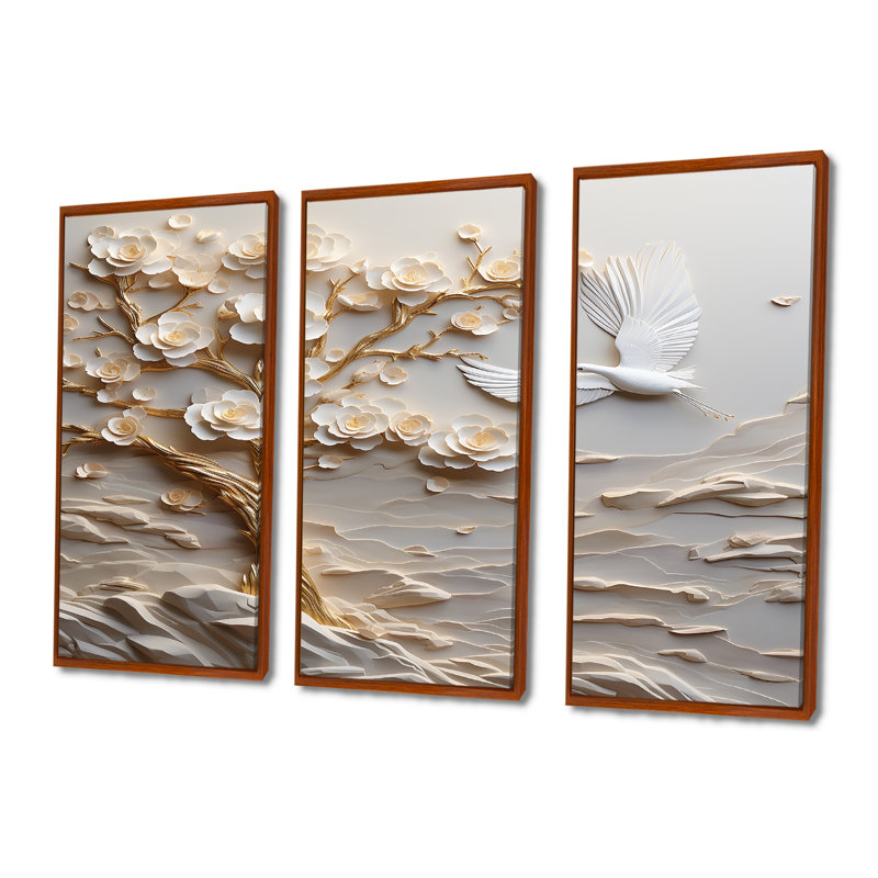 Arbre de paix avec fleurs blanches et colombe blanche - ensemble de décoration murale arbre, H 28 po x l 36 po x P 1 po