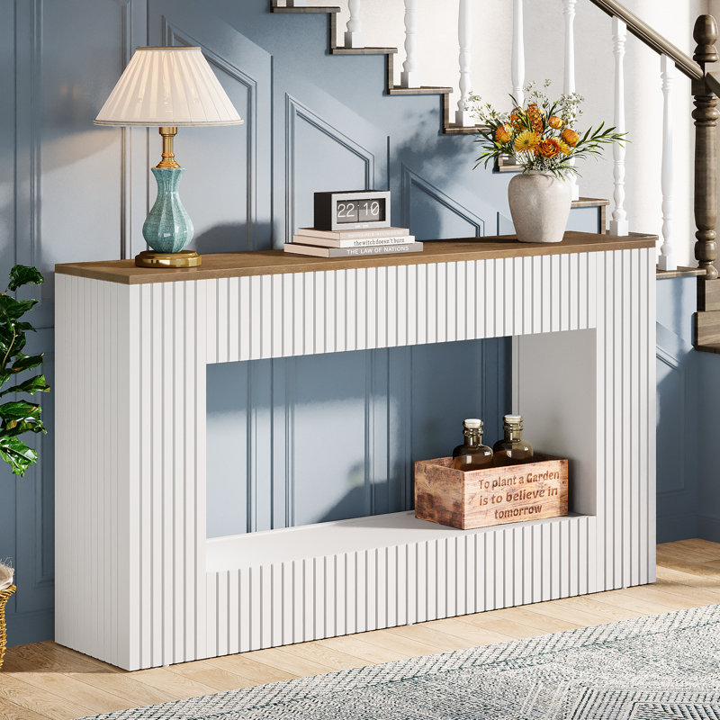 Console moderne, table d'entrée en bois de 55 po avec rangement, Blanc, Bois naturel