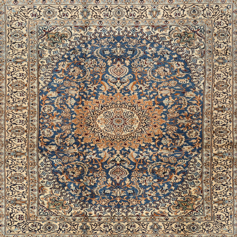 Tapis bleu/orange/ivoire traditionnel, Rond 7 pi