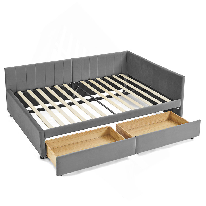 Full Size Upholstered Tufted Bed Frame With Two Drawers, Sofa Bed Frame With Comfortable Backrest And Armrests, Gray