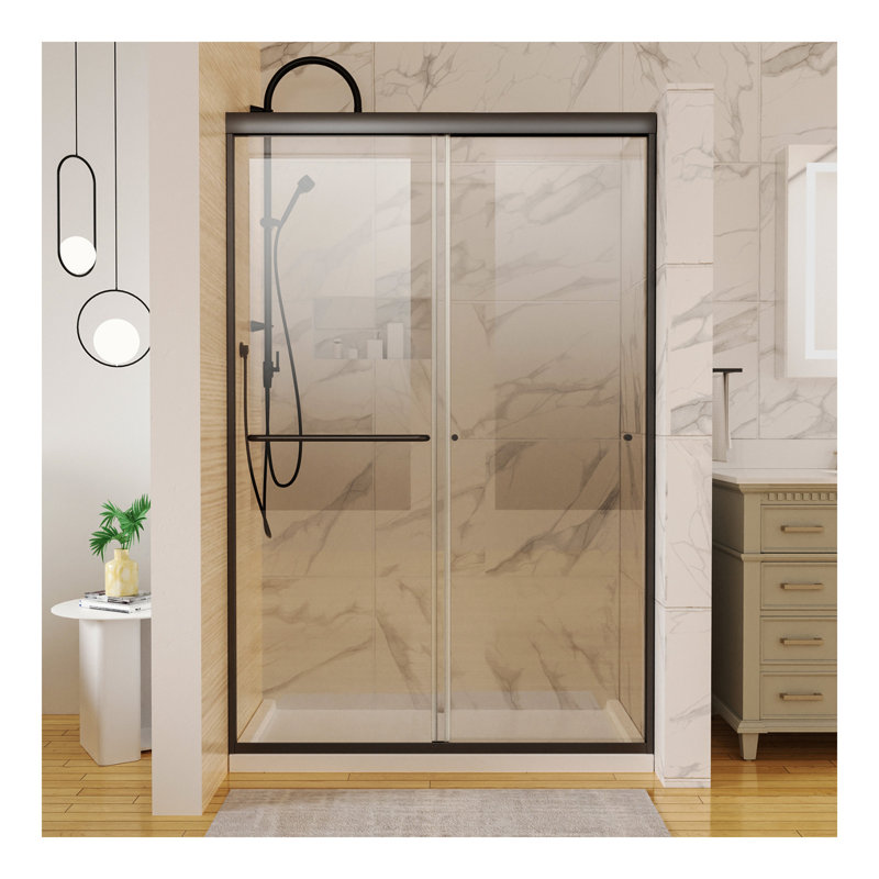 Porte de douche coulissante traditionnelle de 44 po à 48 po x 72 po en noir mat avec verre transparent