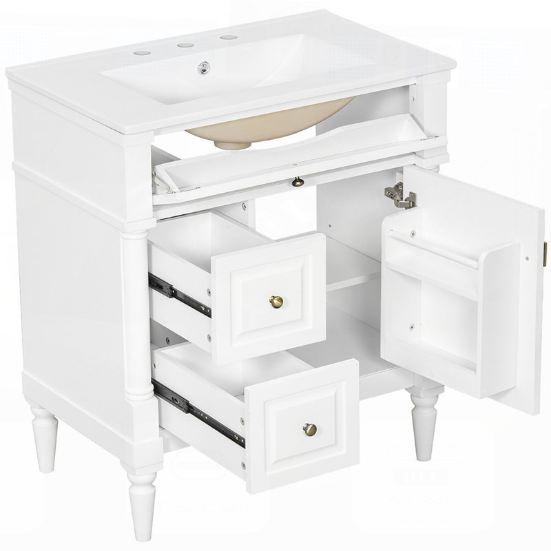 Meuble-lavabo de 30 po avec lavabo, armoire autoportante avec tiroir rabattable, tablette réglable, structure en bois d'hévéa massif et poignées en métal