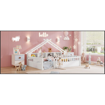 Full Size Floor Bed with Light, Storage Bookshelves, and Roof Shape