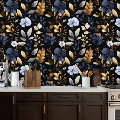 Papier peint adhésif autocollant à motif floral bleu marine, doré et blanc foncé à motif de contact foncé amovible, pour armoires de cuisine 17,7 po x 118 po