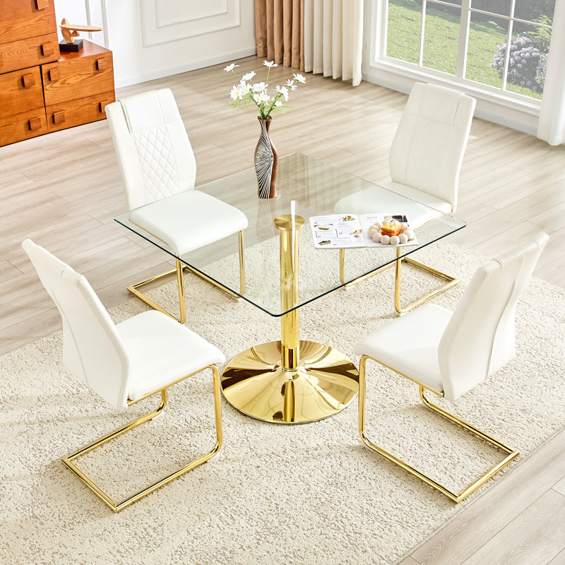 Glass Top Dining Set, Clear / Gold, White