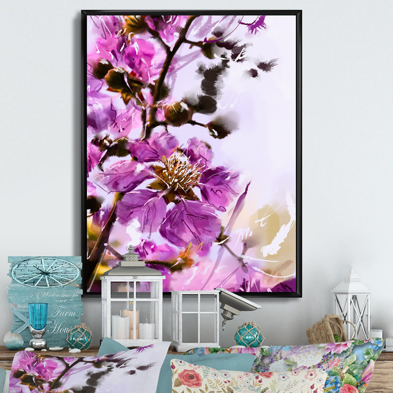 Fleurs mauves II - Peinture, H 32 po x l 16 po x P 1 po, Cadre flottant noir