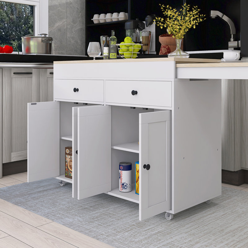Îlot de cuisine 74,5 po avec table de salle à manger extensible et support à épices, Blanc