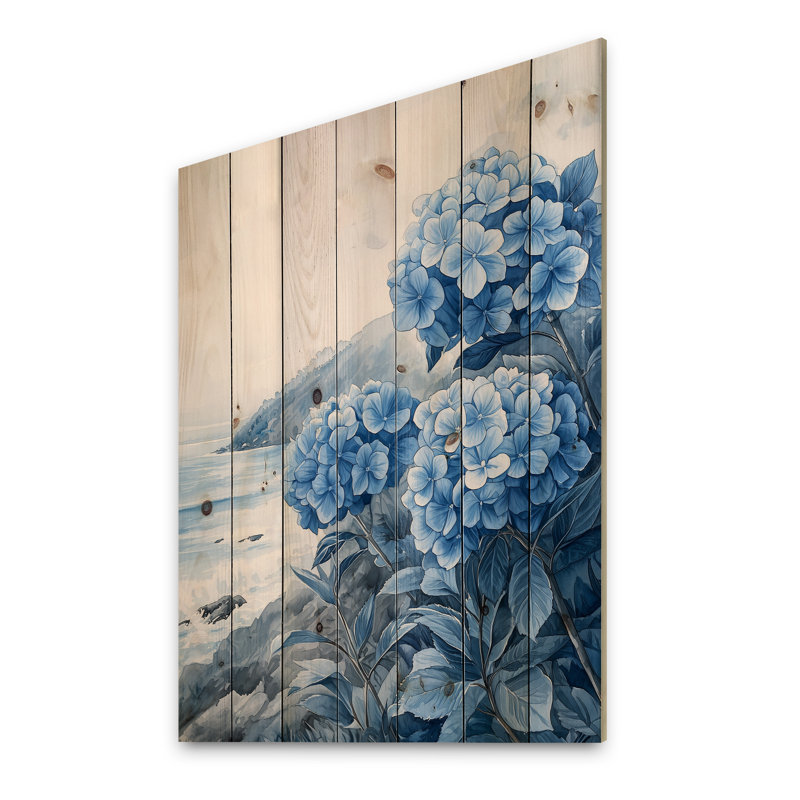 Hortensias au bord de la mer II - impression d'hortensias sur bois de pin naturel, H 20 po x l 10 po x P 0,78 po