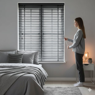 Faux Wood Venetian Blinds with Fabric Tape, Moisture-Resistant Horizontal Slats & Cord Control for Windows