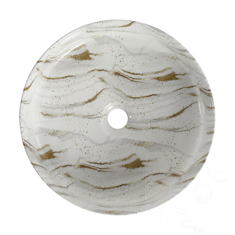 Ceramic Circular Bathroom Sink, White/Gold