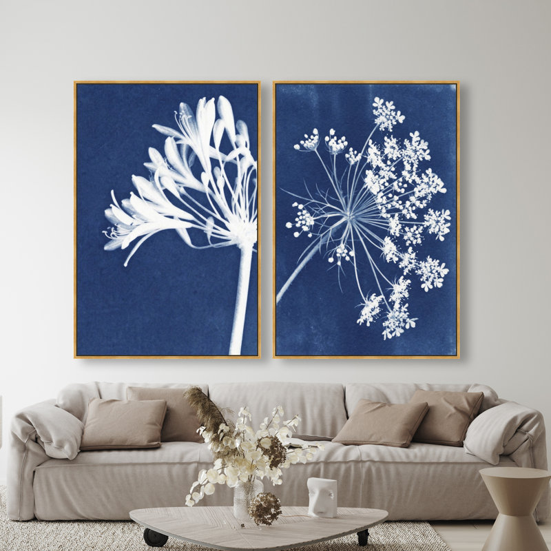 Cyan Flowers Set Set by Oliver Gal, 37"H x 55"W, Gold Floater Frame