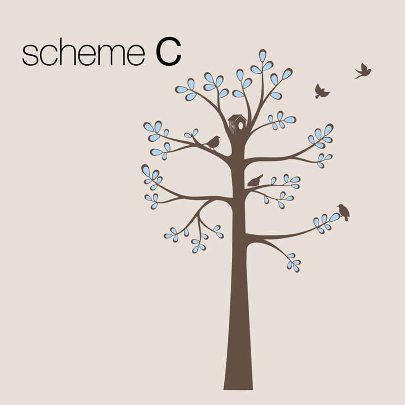 Décalcomanie murale arbre de rayonnage avec oiseaux-nouveau, Blanc perle / bleu